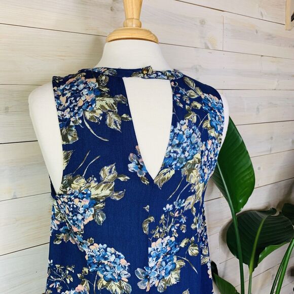 Blue Floral Sleeveless Short Shift Dress With Lace-up Neckline Size Small - Picture 6 of 8